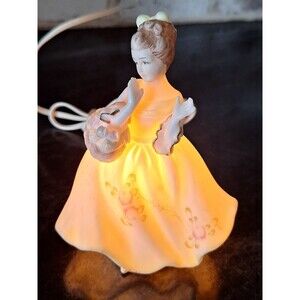 VTG Lenwile Ardalt Porcelain Lady w/Basket Night Light 6" Figurine Stamped #7777